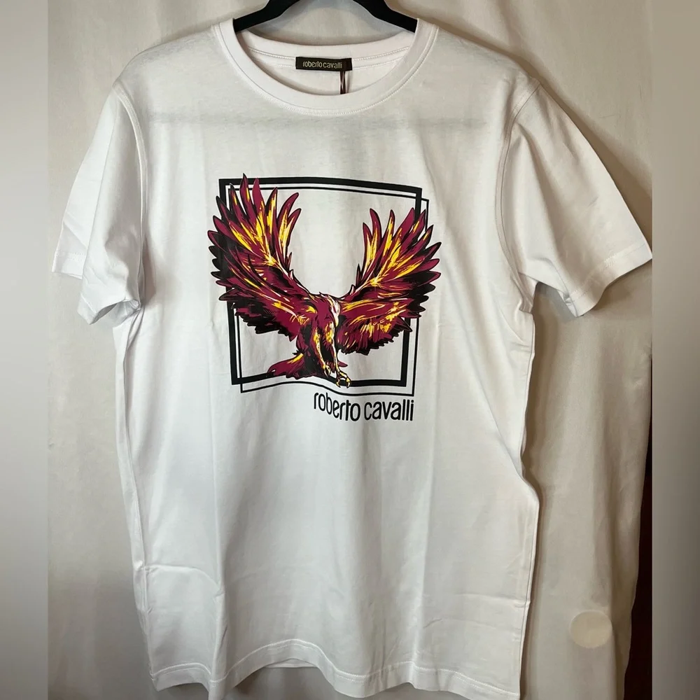 Roberto Cavalli White Tee with reddish and Yellow Eagle Graphic - Picture 4 of 10